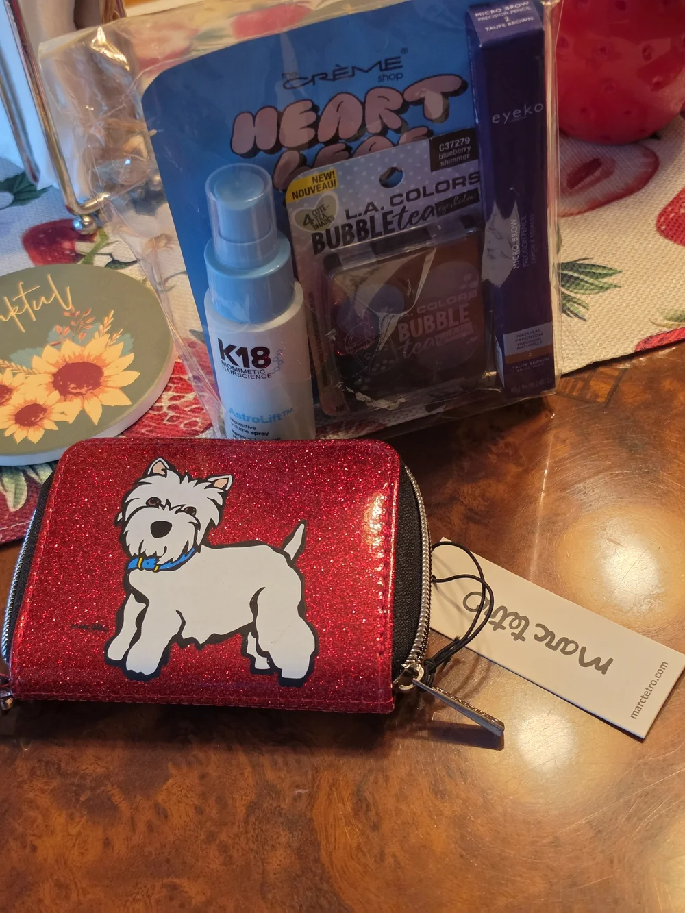 Marc Tetro Red Glitter Dog Wallet with Zipper Wristlet